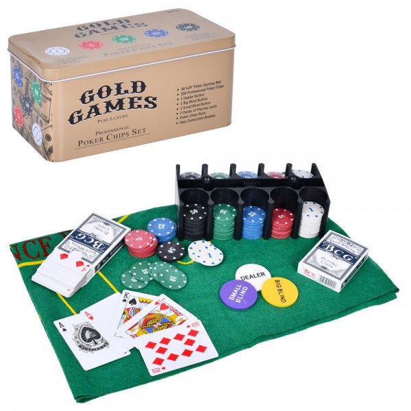 247737 Гра TD202360  покер, фішки 200шт. з номіналом, карти 2 колоди, сукно, кор.(метал), 24-12-11 см.