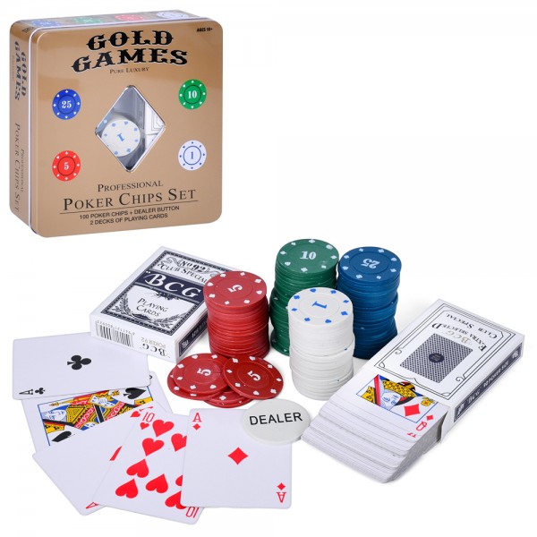 247738 Гра TD202361 покер, фішки 100шт. з номіналом, карти 2 колоди, кор.(метал), 20-20-5 см.