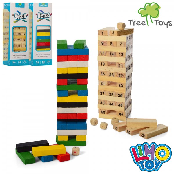 51278 Дерев'яна іграшка Гра MD 1211 вежа, 51 блок, кубики, 2 види, кор., 19,5-5,5-5,5 см.